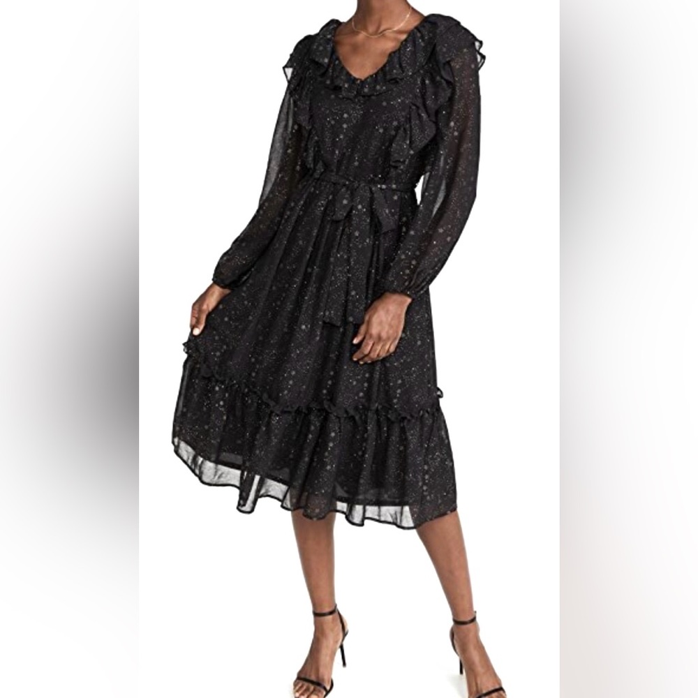 Anthropologie Moon River Midi Dress Black Chiffon Stars Long Sleeve SZ M NWT